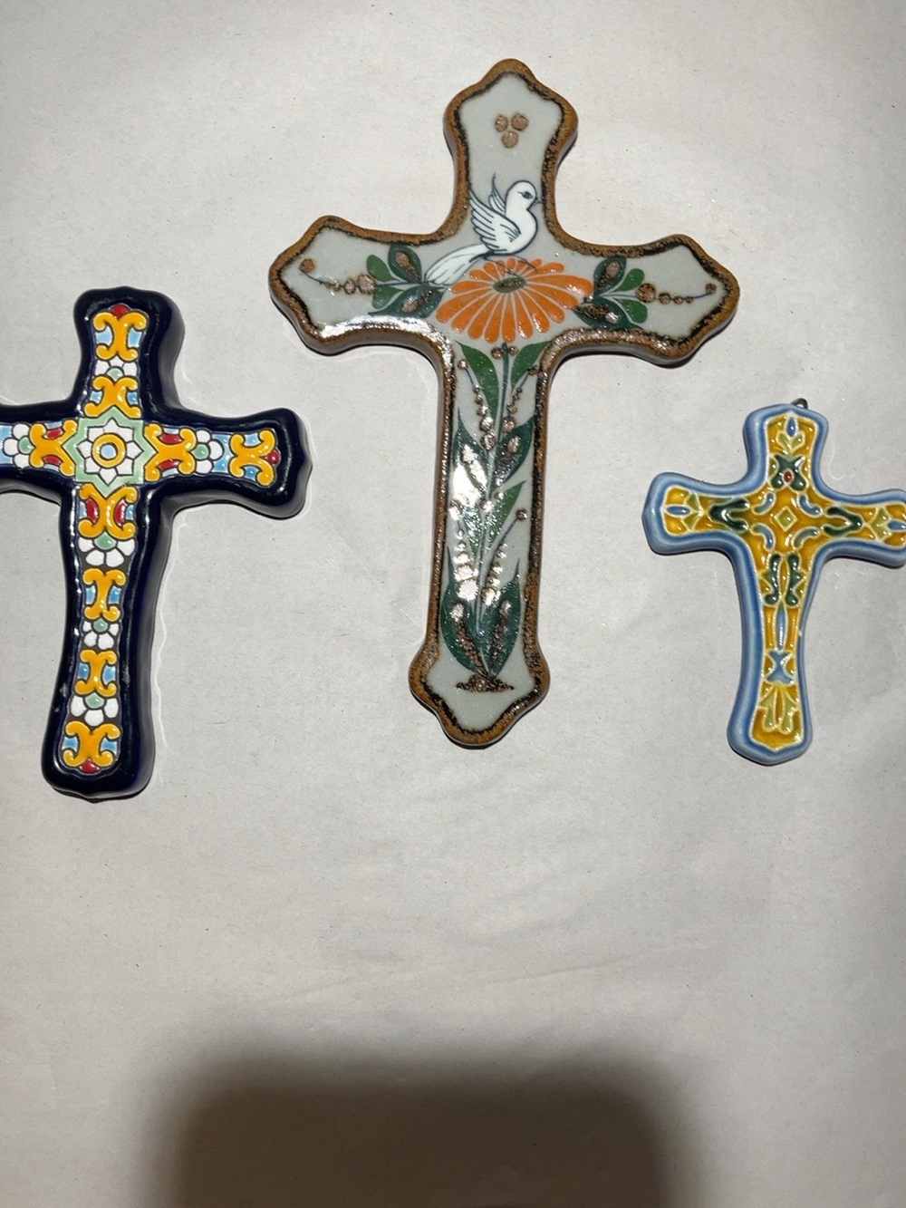 Set of 3 Hand Painted Ceramic Wall Crosses Mexico Spain Colorful Religious Decor